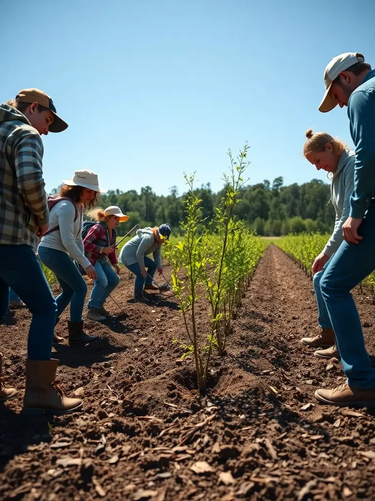 A wide shot of a group of volunteers planting native trees and shrubs in a deforested area, representing habitat restoration activities.