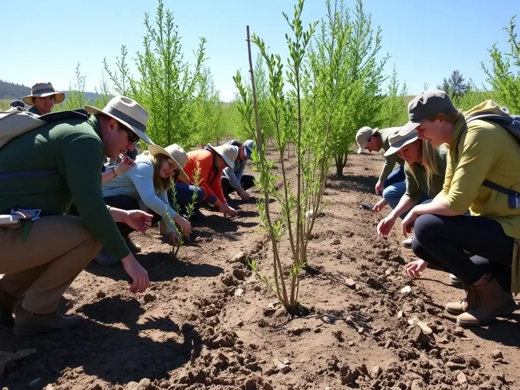 A photograph depicting volunteers planting trees in a deforested area, symbolizing habitat restoration efforts by AMICALE DES CHASSEURS DE PLOURIVO.