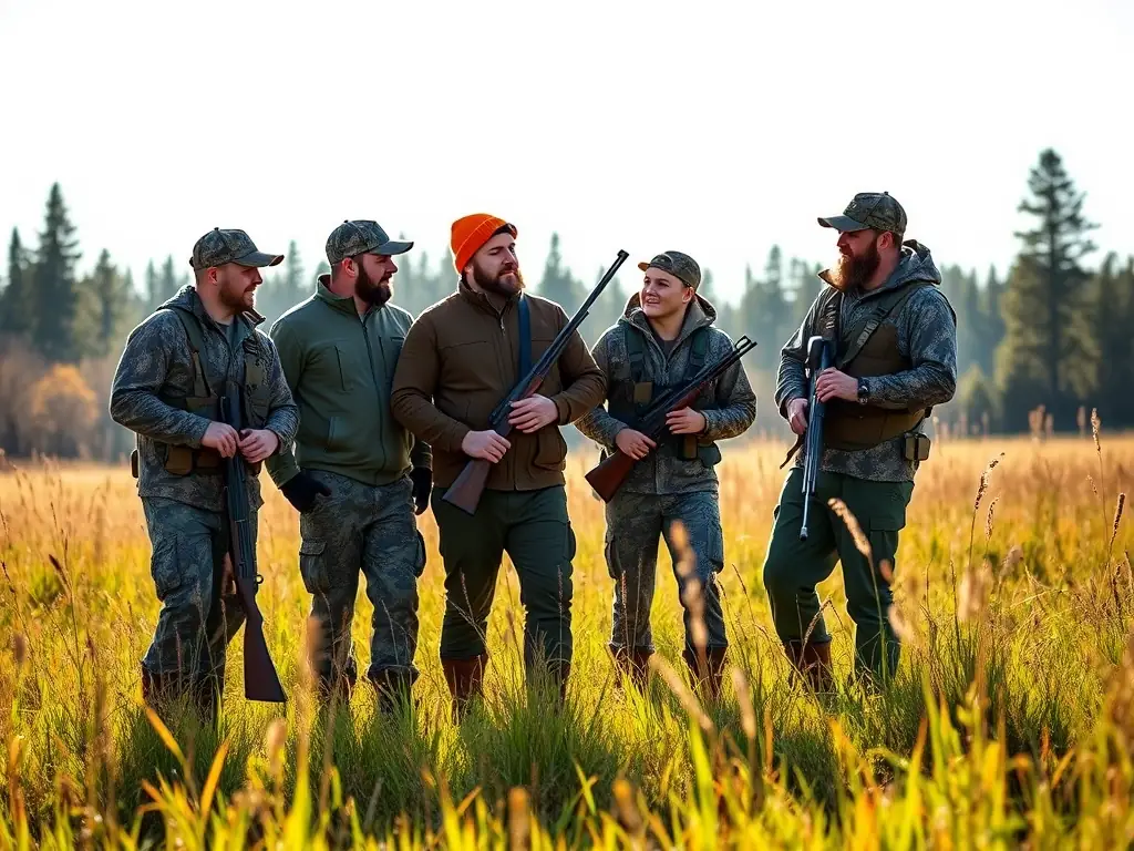 A photograph of hunters participating in a controlled hunt, showcasing sustainable hunting practices promoted by AMICALE DES CHASSEURS DE PLOURIVO.