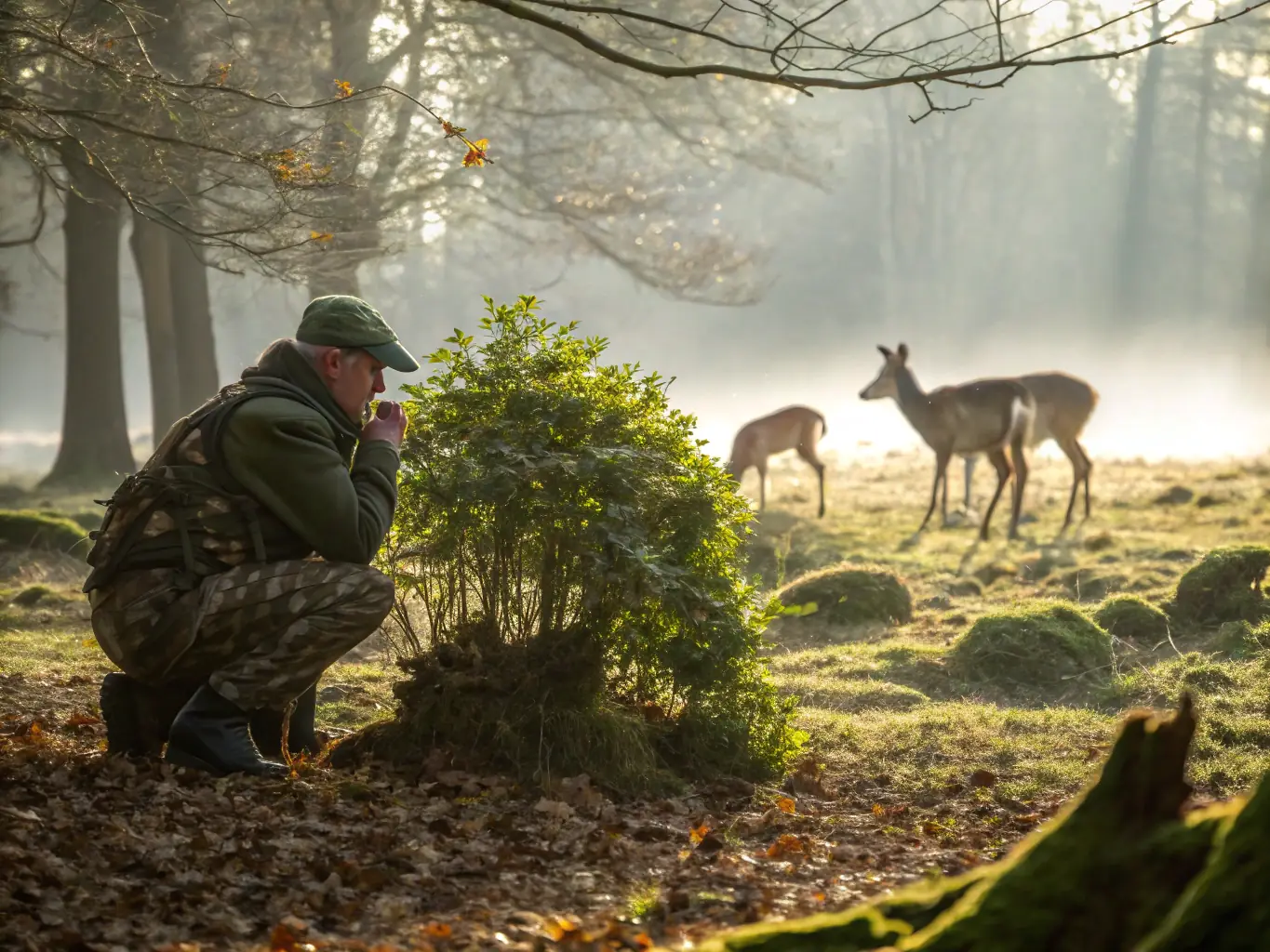 An image showing a wildlife biologist monitoring the health of a deer population in its natural habitat.