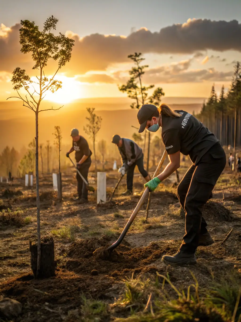 A group of volunteers planting trees in a deforested area, symbolizing habitat restoration efforts by AMICALE DES CHASSEURS DE PLOURIVO.