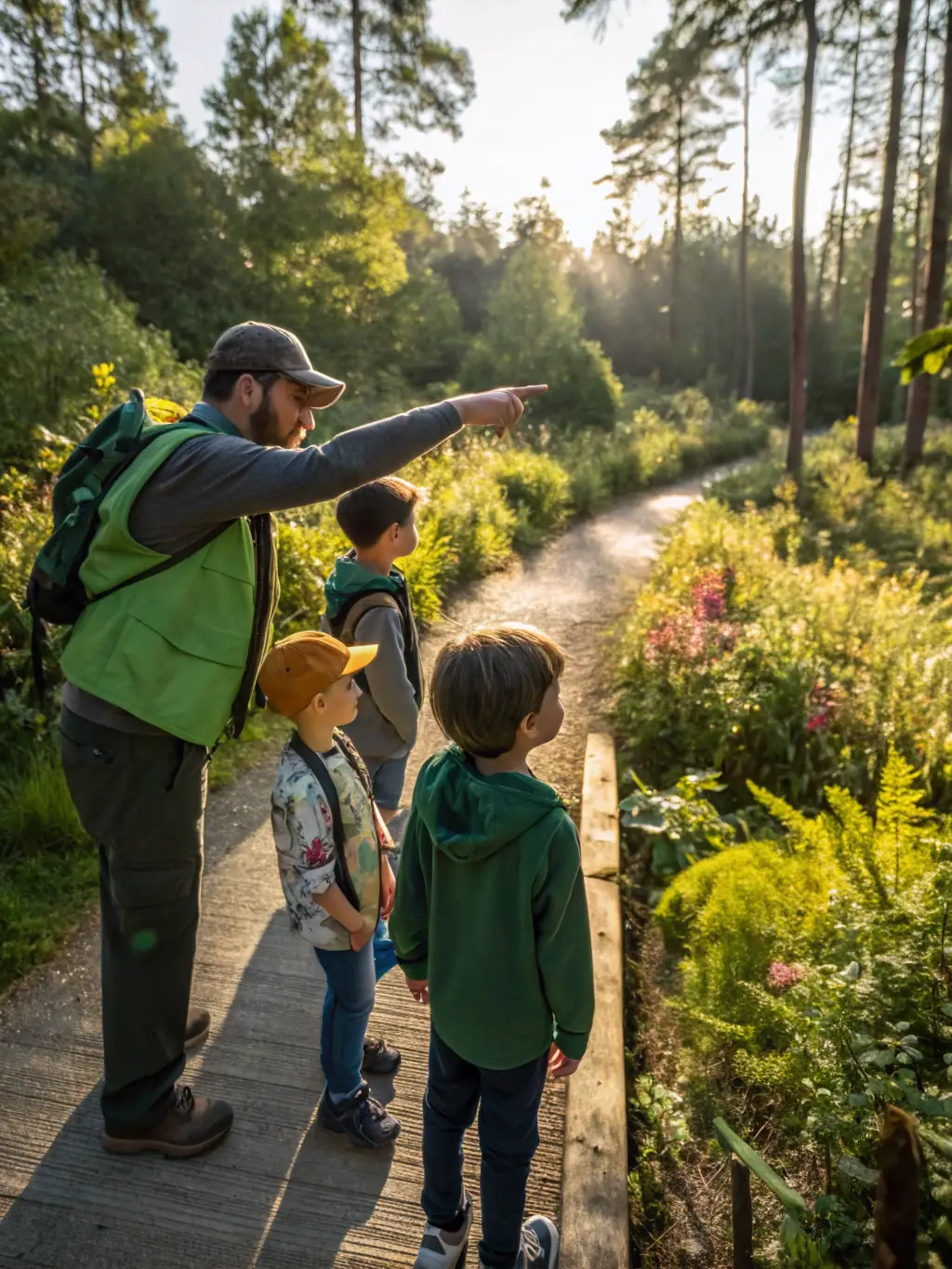 A group of children participating in a nature walk, learning about local flora and fauna, showcasing environmental education initiatives.