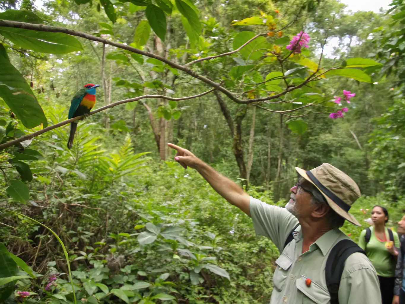 A photograph showing a wildlife expert teaching children about local fauna, emphasizing the educational programs of AMICALE DES CHASSEURS DE PLOURIVO.