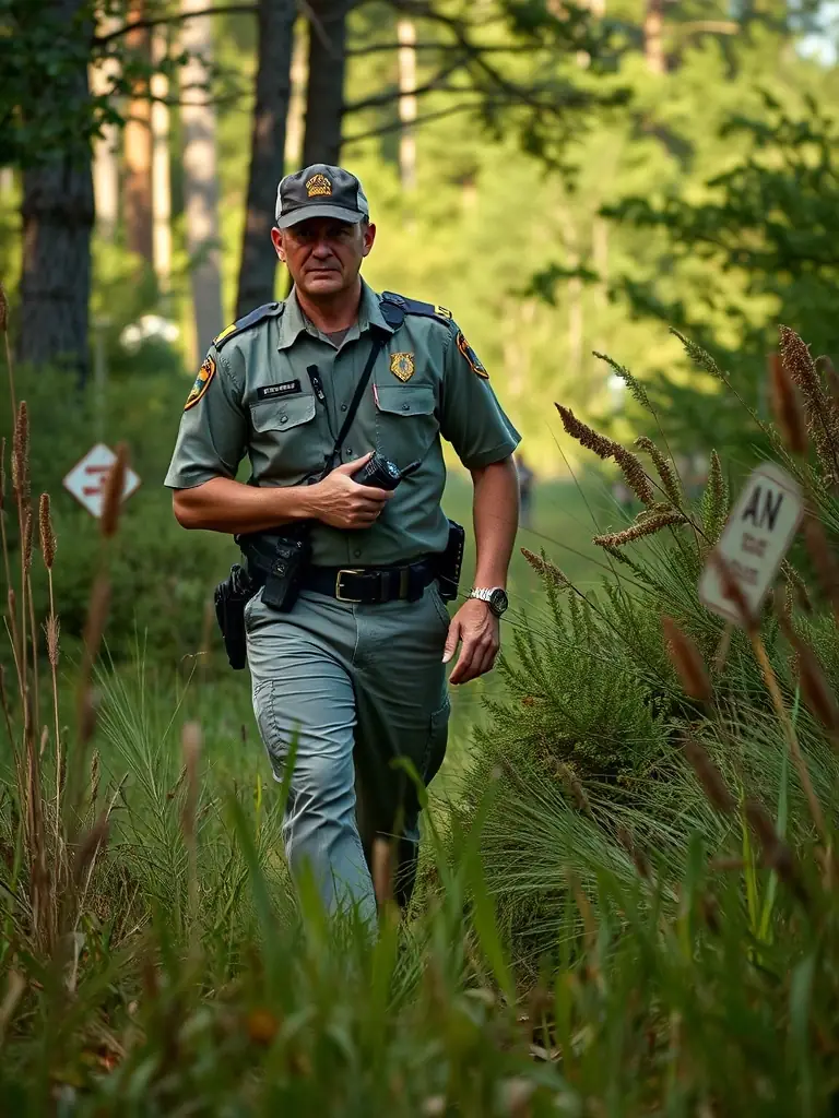 A conservation officer patrolling a protected area, highlighting the organization's efforts to combat poaching and protect wildlife.